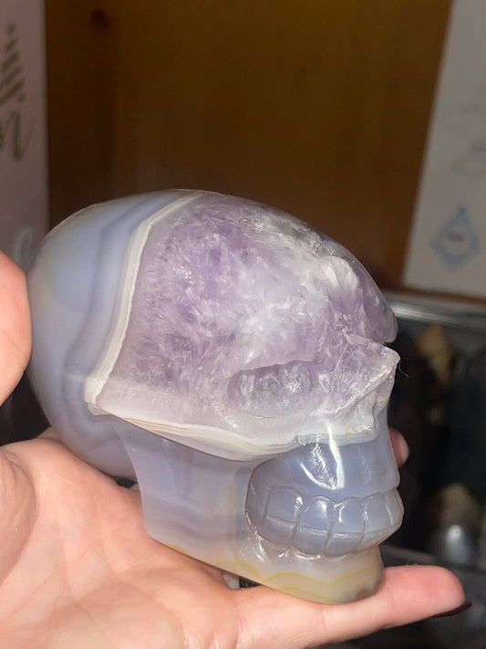 Druzy Blue Lace Agate and Amethyst Skull A